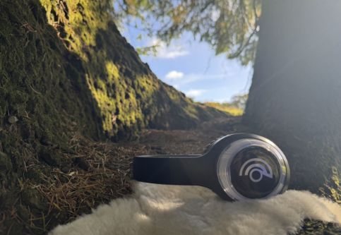 9D headphones resting on sheepskin in the forest
