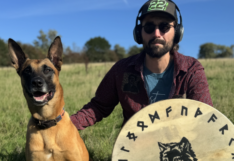 Your facilitator with drum and companion